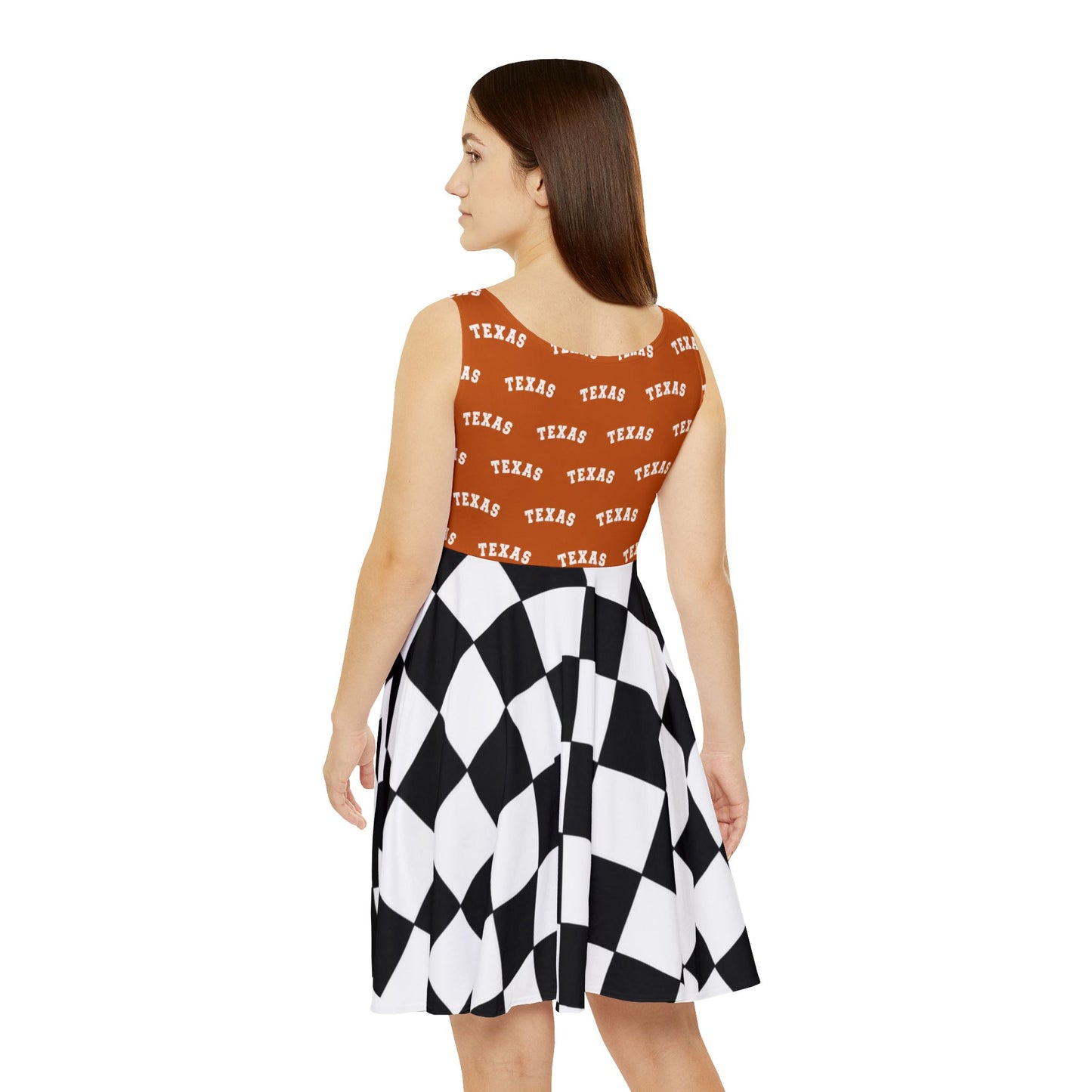 Texas Orange Patterned Skater Dress — 'TEXAS' Print with Black & White Checker Skirt