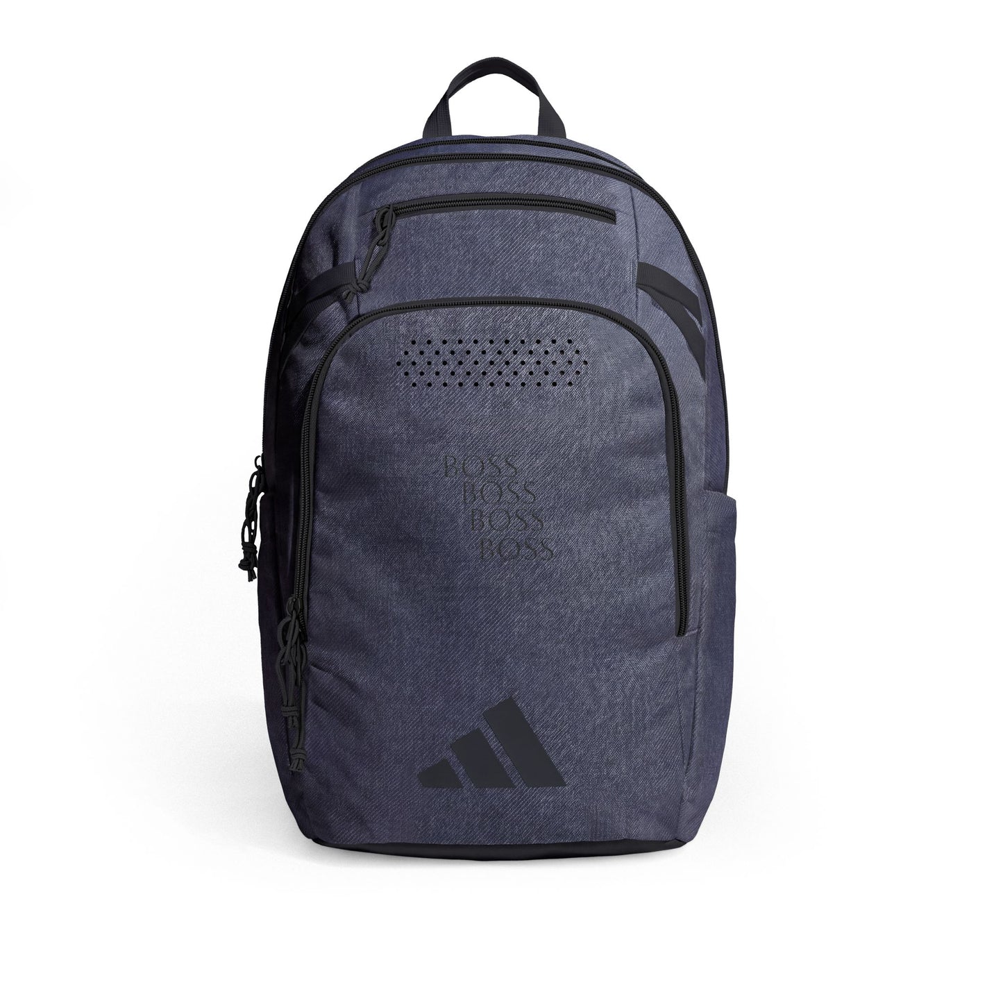 Dark gray adidas Defender 5 backpack with front zip pocket and embroidered adidas logo