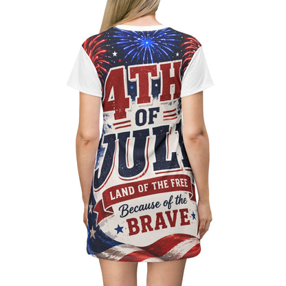 4th of July T-Shirt Dress — 'Land of the Free Because of the Brave' Patriotic Women’s Dress