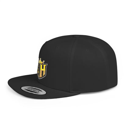 Snapback Hat — Gold Crown Shield Logo Flat Bill Cap