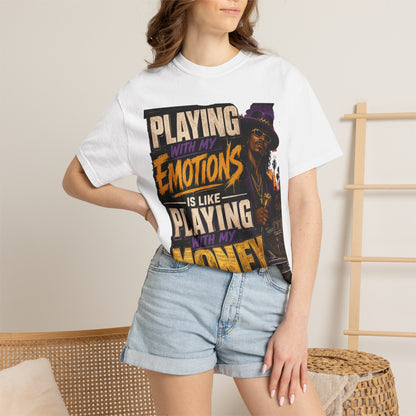 Playing with My Emotions Is Like Playing with My Money T-Shirt — Retro Pimp Illustration Graphic Tee