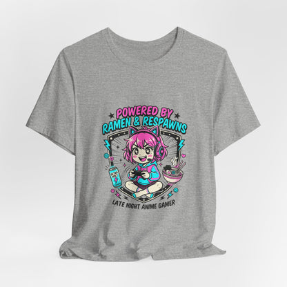Late Night Anime Gamer Tee | chibi kawaii, manga panel, neon pastel aesthetic