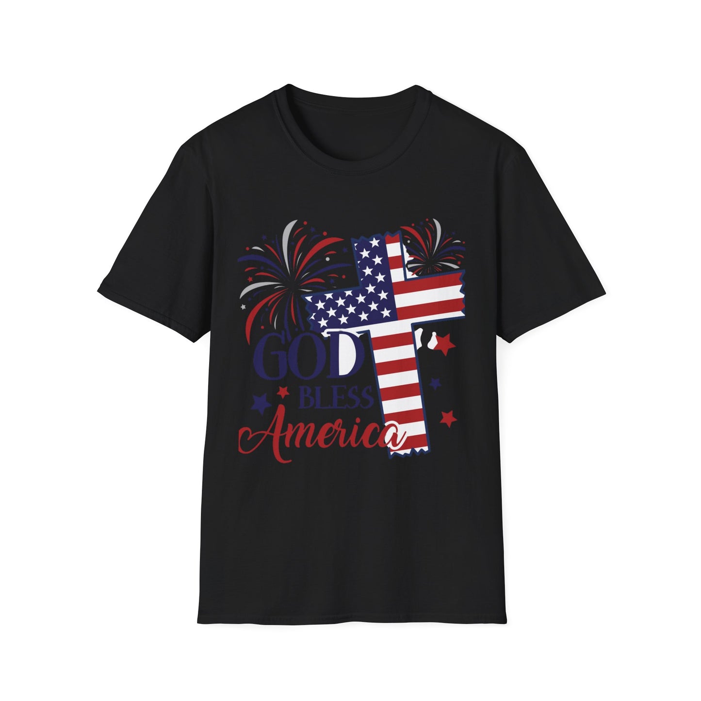 God Bless America T-Shirt — Patriotic Flag Cross with Fireworks