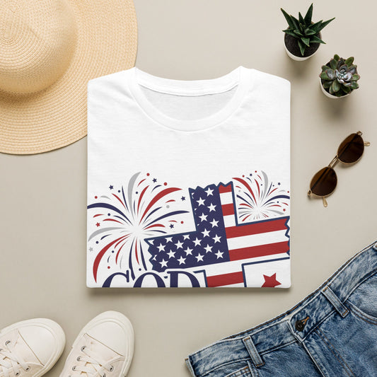 God Bless America T-Shirt — Patriotic Flag Cross with Fireworks