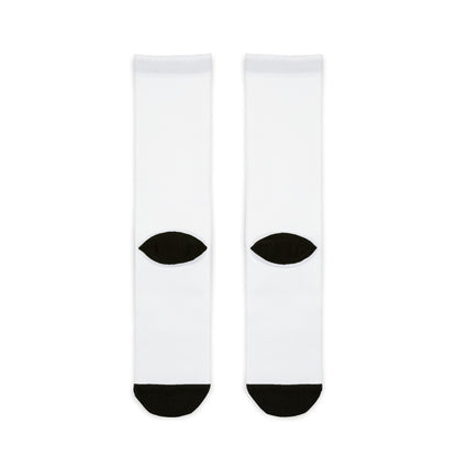 Peanuts Logo Sublimation Crew Socks — White Crew Socks with Repeating "Peanuts" Badge