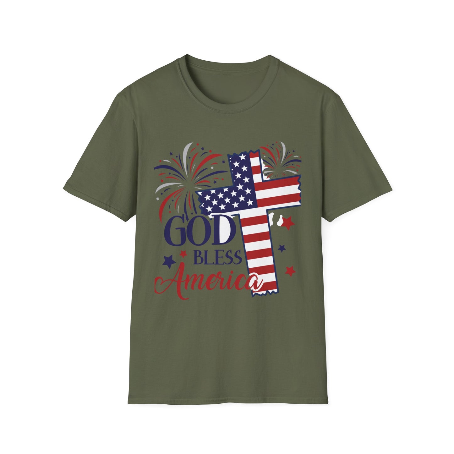 God Bless America T-Shirt — Patriotic Flag Cross with Fireworks