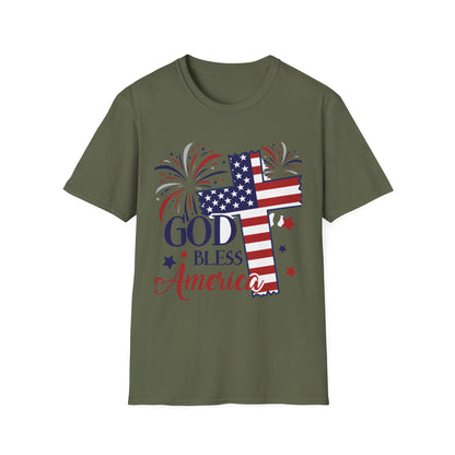 God Bless America T-Shirt — Patriotic Flag Cross with Fireworks