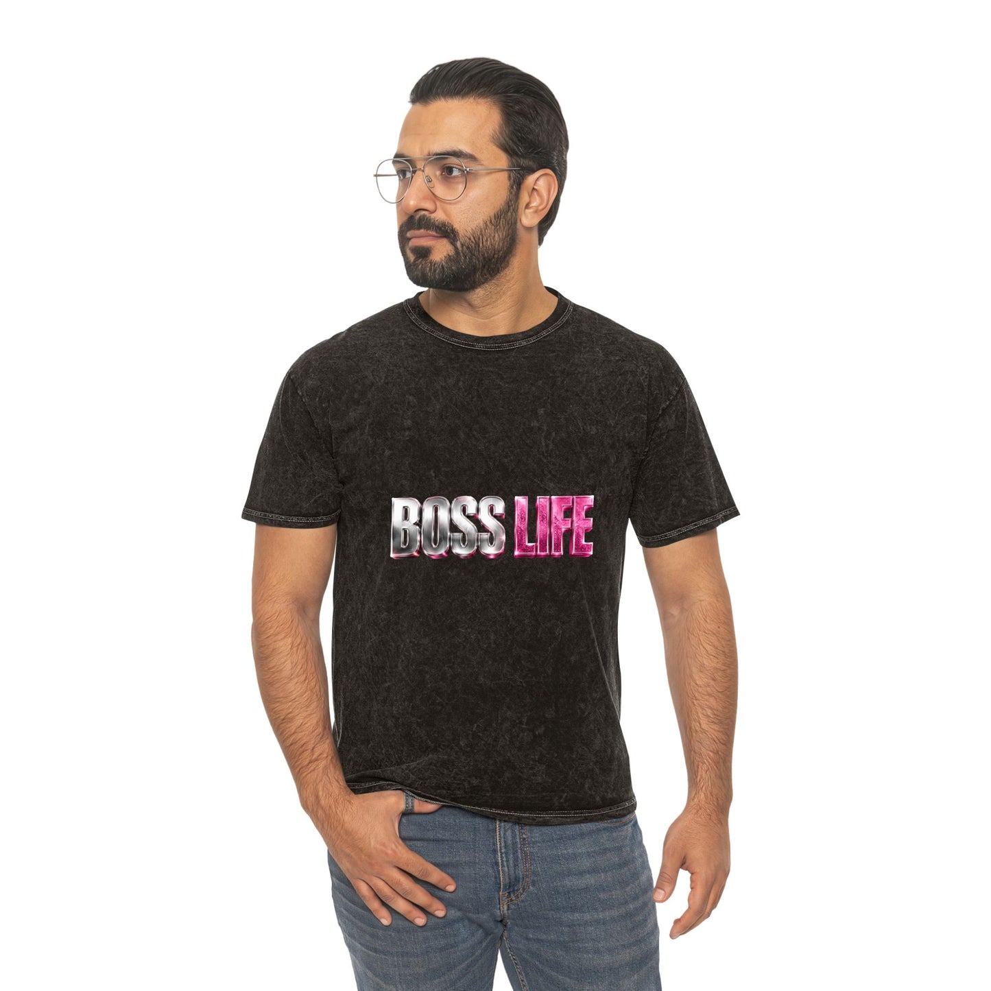 Boss Life Mineral-Wash Tee — Retro Pink & Chrome Graphic