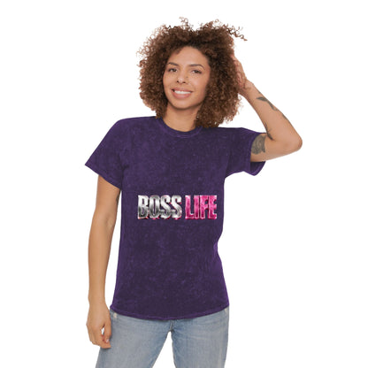 Boss Life Mineral-Wash Tee — Retro Pink & Chrome Graphic