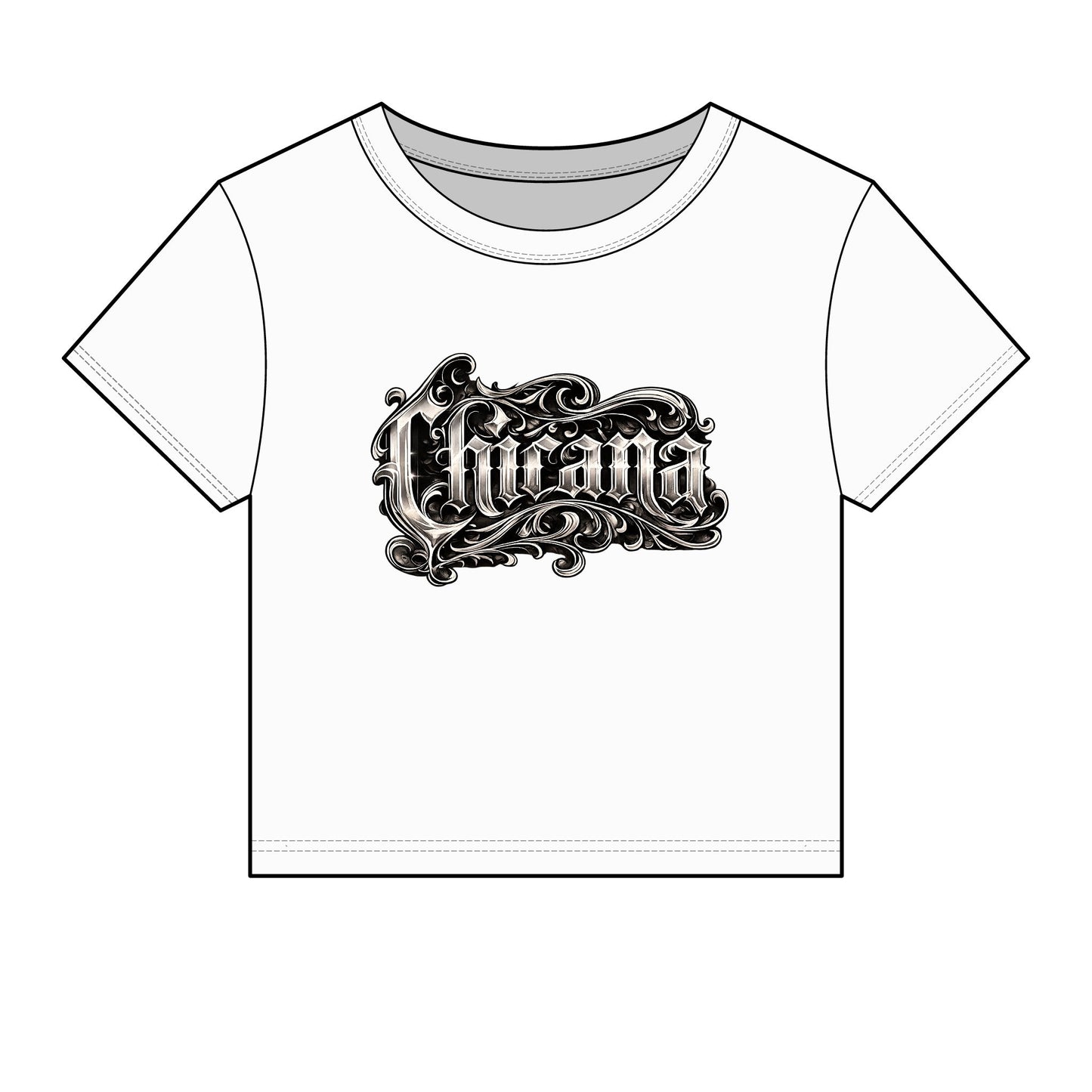 Chicana Script Micro Rib Baby Tee — Cropped Gothic Graphic Top