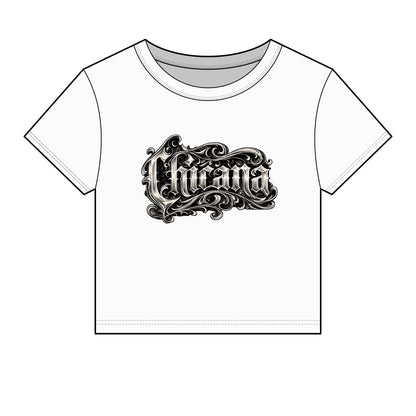 Chicana Script Micro Rib Baby Tee — Cropped Gothic Graphic Top