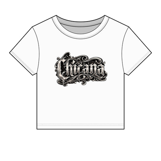 Chicana Script Micro Rib Baby Tee — Cropped Gothic Graphic Top