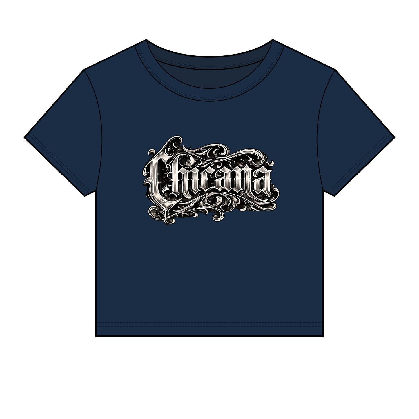 Chicana Script Micro Rib Baby Tee — Cropped Gothic Graphic Top