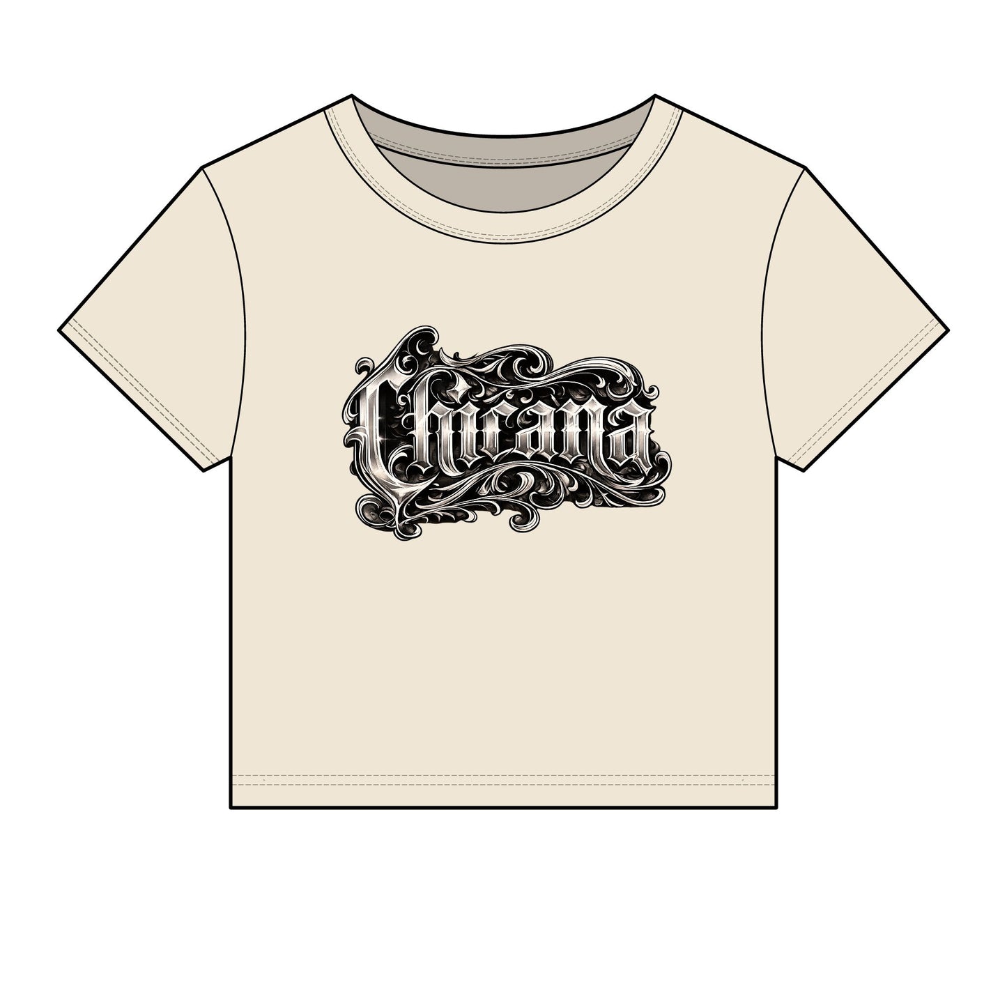 Chicana Script Micro Rib Baby Tee — Cropped Gothic Graphic Top