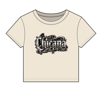 Chicana Script Micro Rib Baby Tee — Cropped Gothic Graphic Top