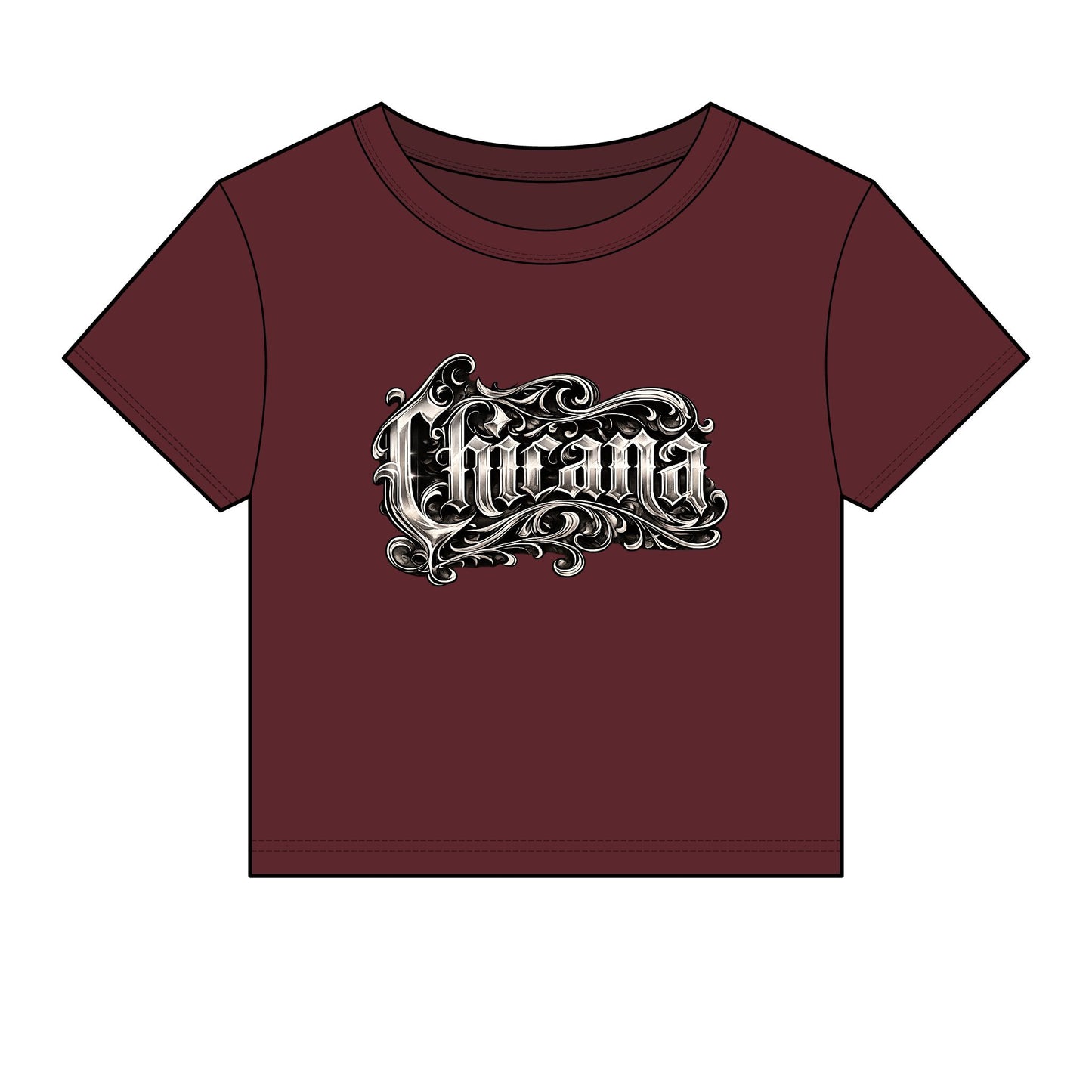 Chicana Script Micro Rib Baby Tee — Cropped Gothic Graphic Top