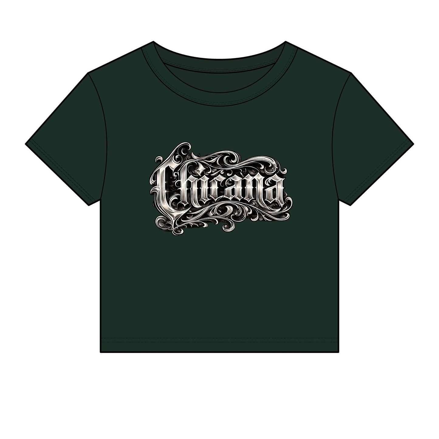 Chicana Script Micro Rib Baby Tee — Cropped Gothic Graphic Top
