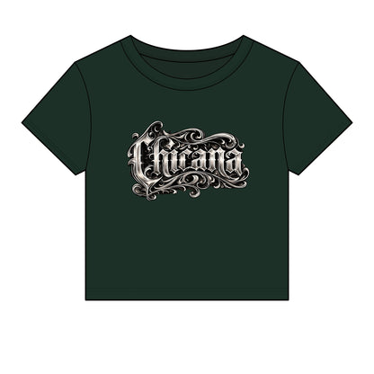 Chicana Script Micro Rib Baby Tee — Cropped Gothic Graphic Top