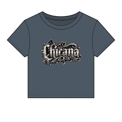 Chicana Script Micro Rib Baby Tee — Cropped Gothic Graphic Top