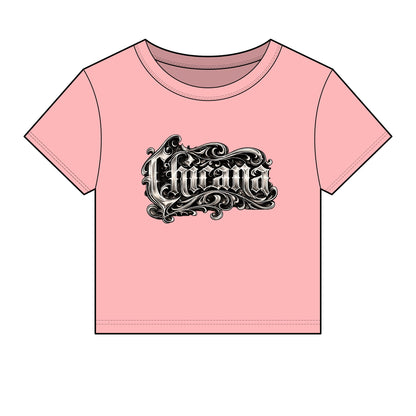 Chicana Script Micro Rib Baby Tee — Cropped Gothic Graphic Top