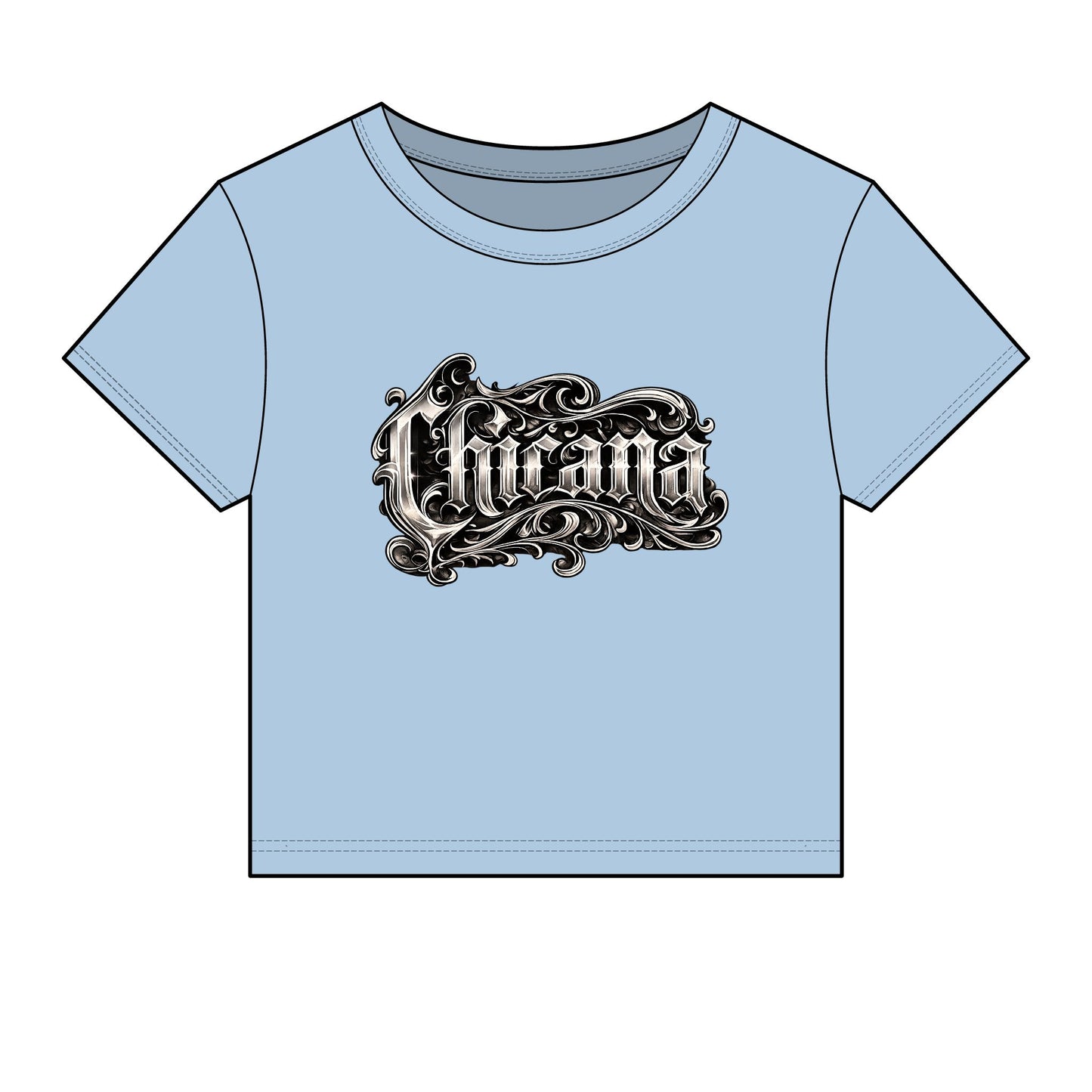 Chicana Script Micro Rib Baby Tee — Cropped Gothic Graphic Top