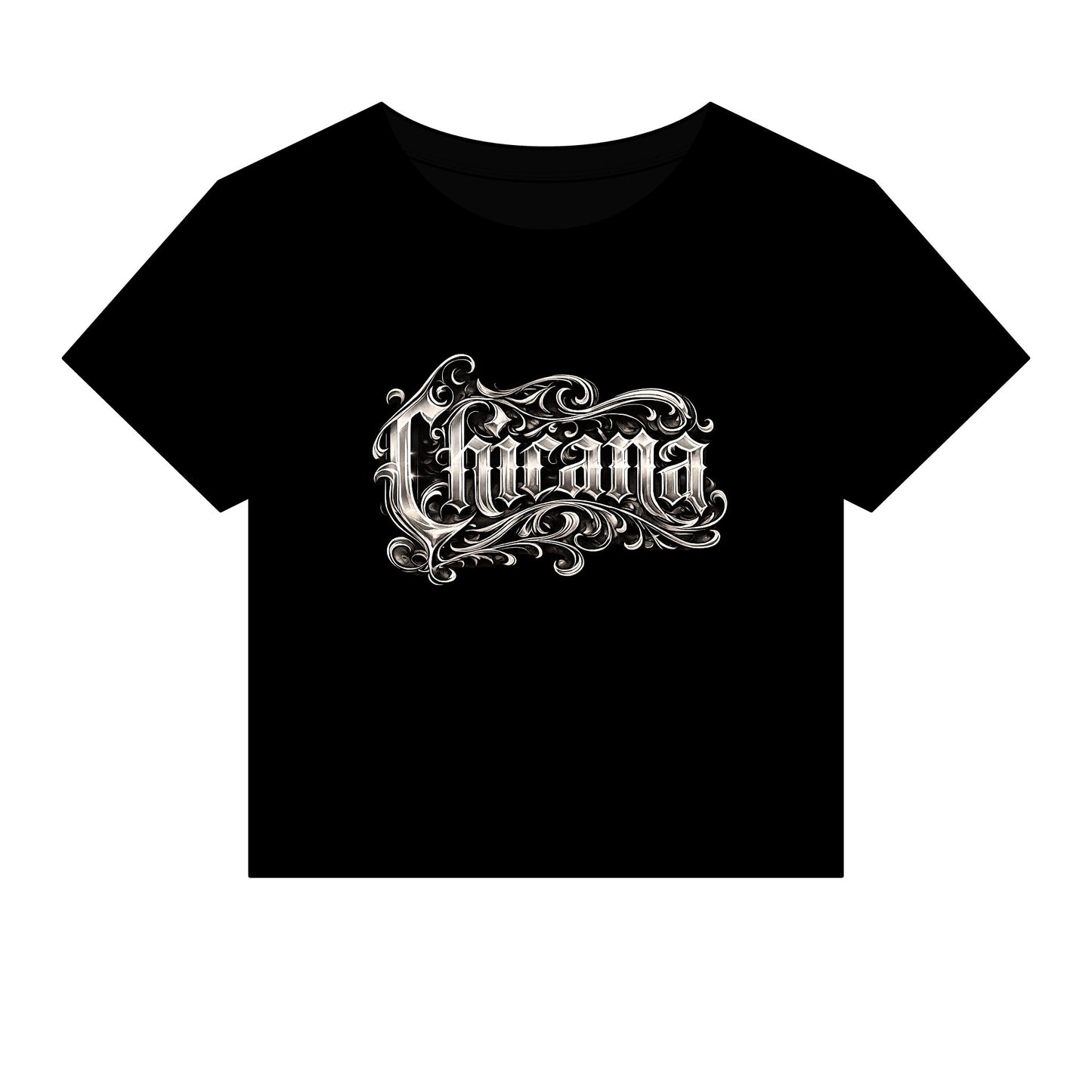 Chicana Script Micro Rib Baby Tee — Cropped Gothic Graphic Top