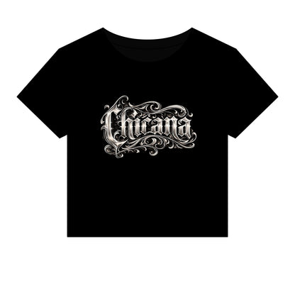 Chicana Script Micro Rib Baby Tee — Cropped Gothic Graphic Top
