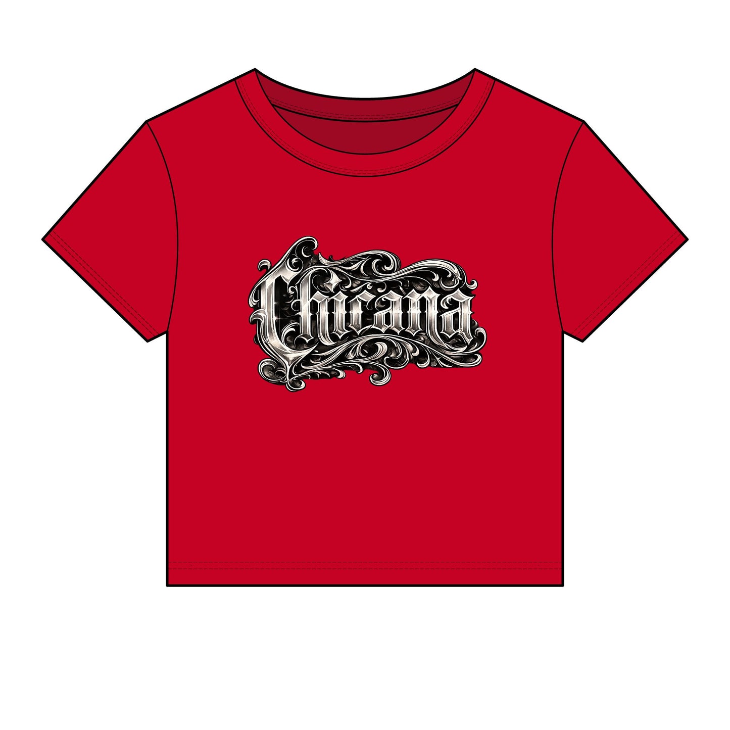 Chicana Script Micro Rib Baby Tee — Cropped Gothic Graphic Top