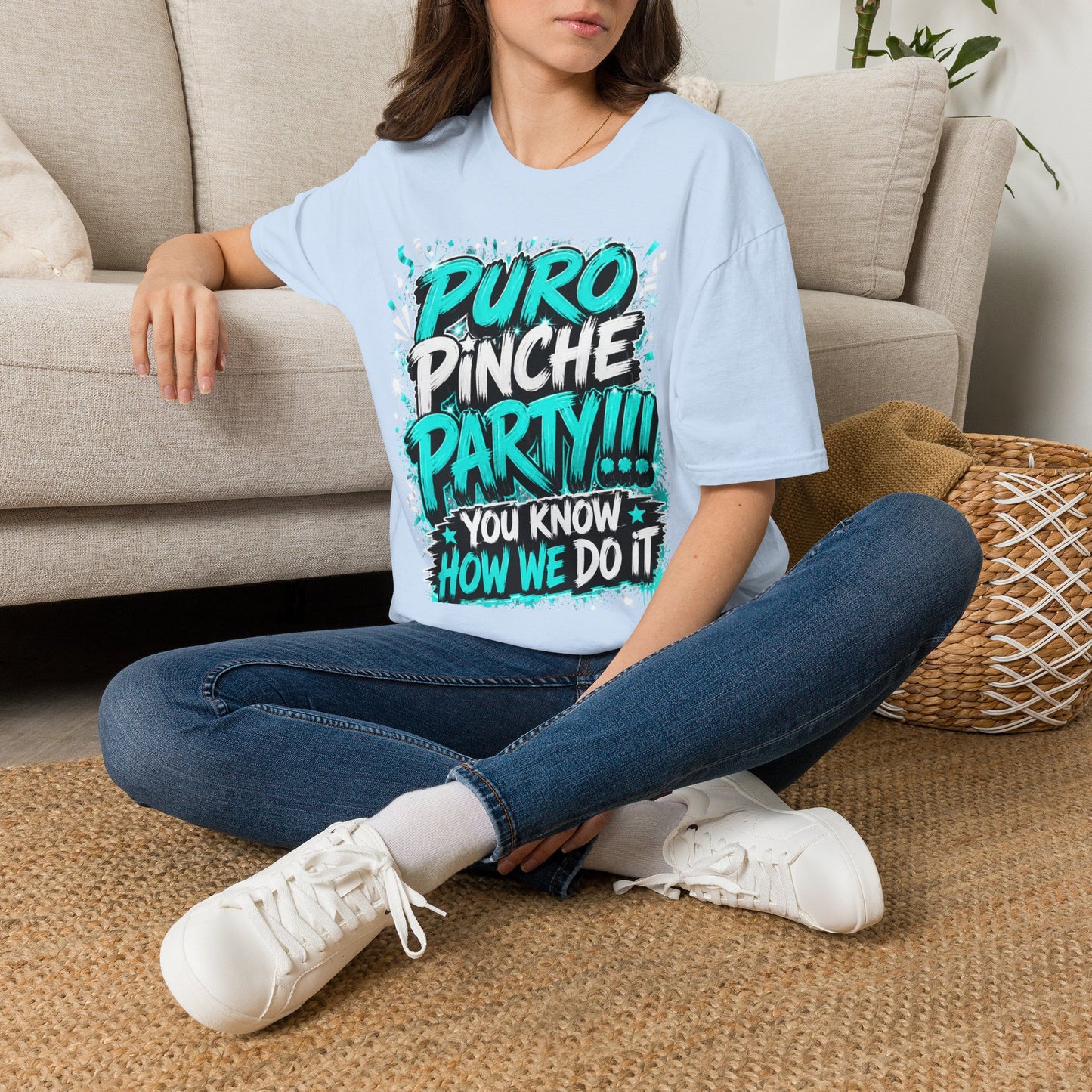 Puro Pinche Party T-Shirt — Bold Teal Party Graphic Tee