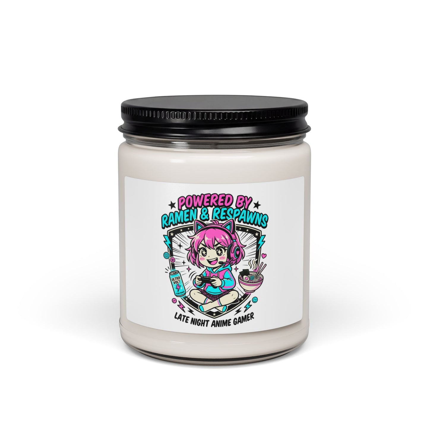 Powered by Ramen & Respawns Candle | Anime Aesthetic, Chibi Gamer Soy
