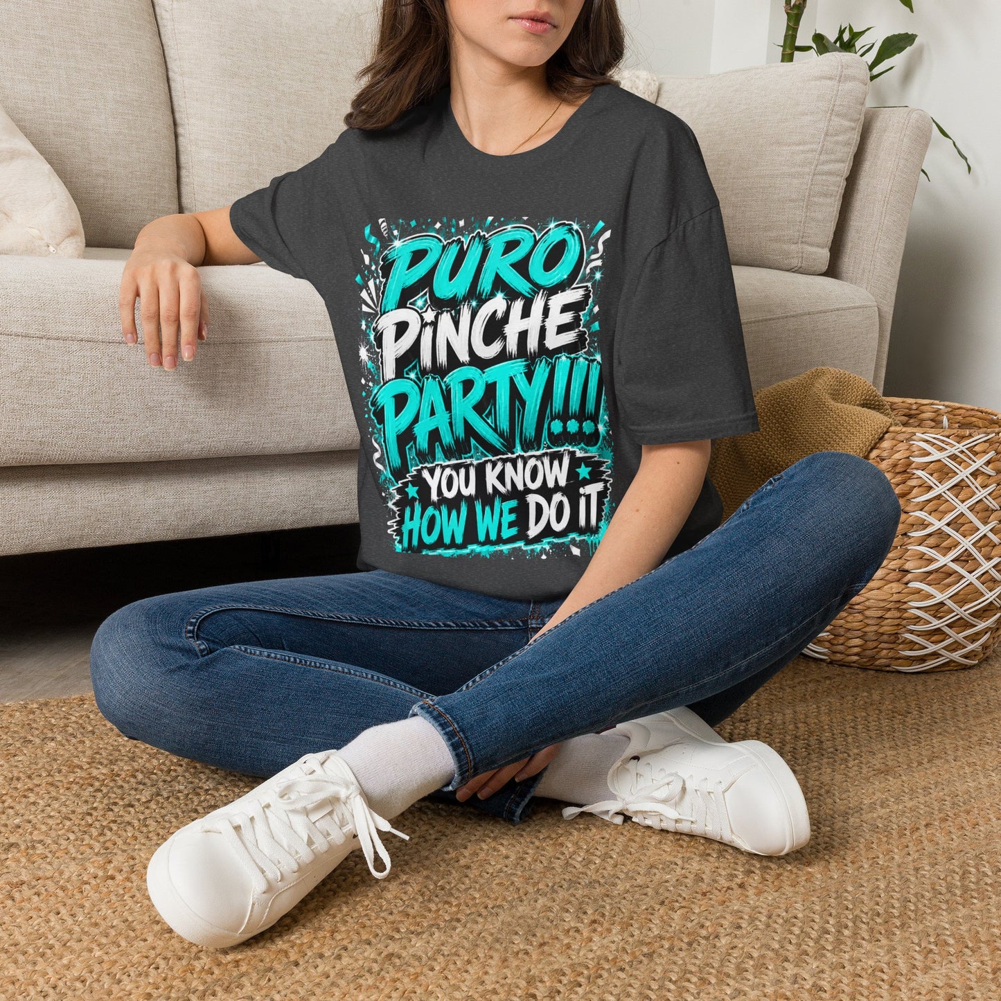 Puro Pinche Party T-Shirt — Bold Teal Party Graphic Tee