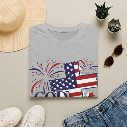 God Bless America T-Shirt — Patriotic Flag Cross with Fireworks