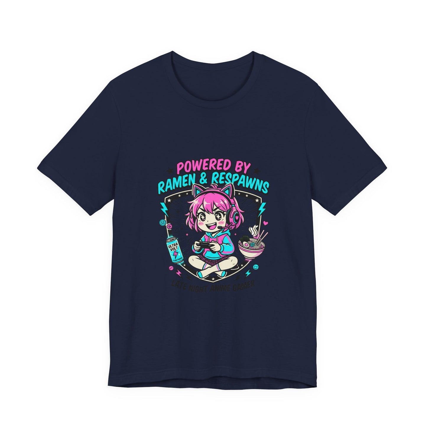 Late Night Anime Gamer Tee | chibi kawaii, manga panel, neon pastel aesthetic