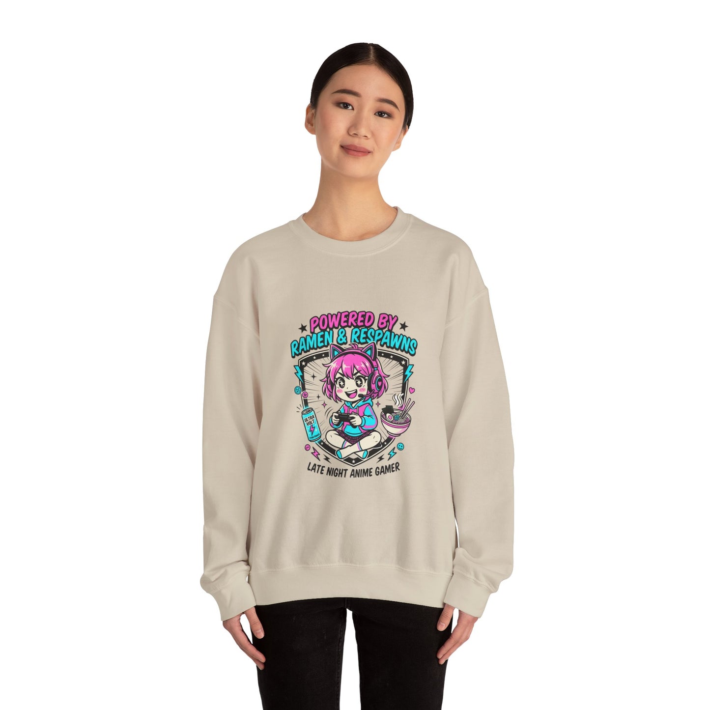 Powered by Ramen & Respawns Sweatshirt | anime aesthetic, chibi kawaii