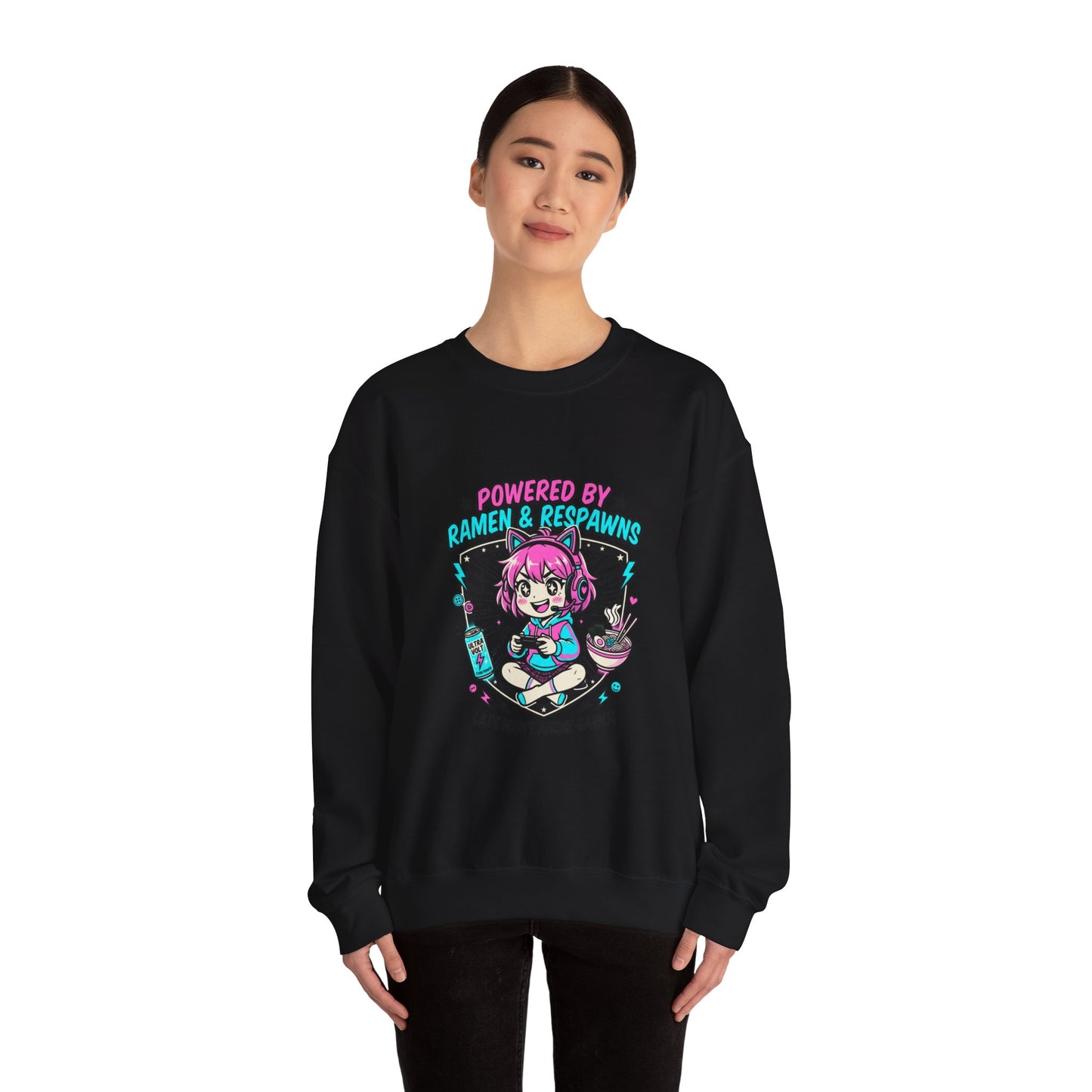 Powered by Ramen & Respawns Sweatshirt | anime aesthetic, chibi kawaii