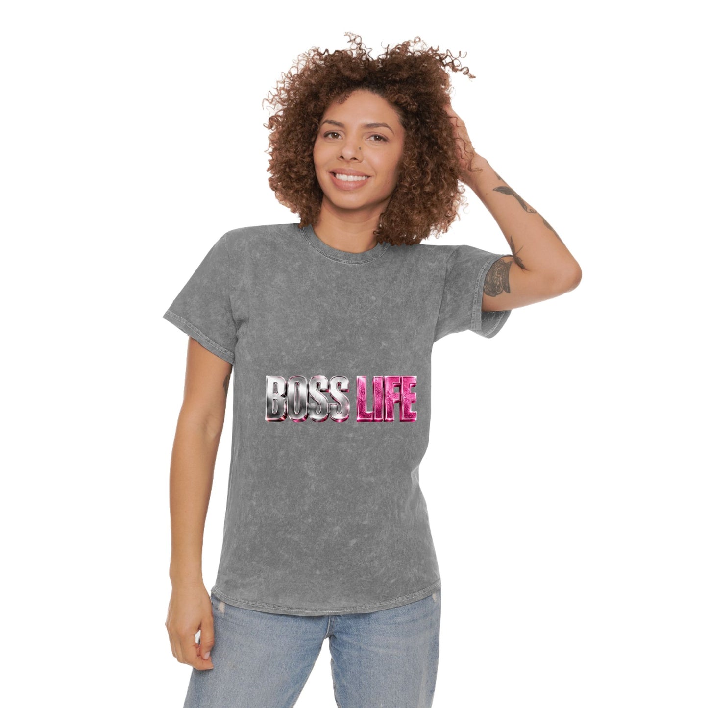 Boss Life Mineral-Wash Tee — Retro Pink & Chrome Graphic