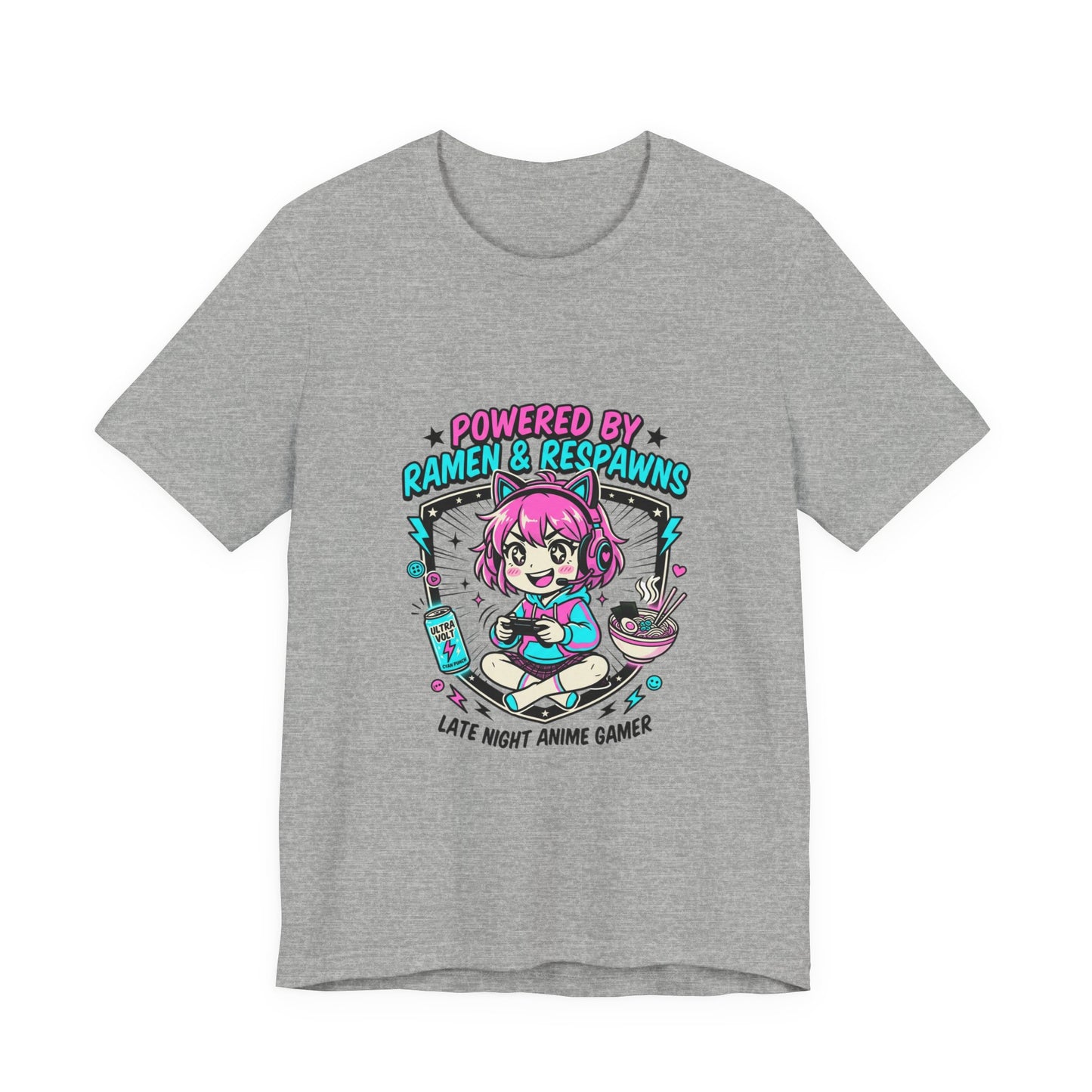 Late Night Anime Gamer Tee | chibi kawaii, manga panel, neon pastel aesthetic