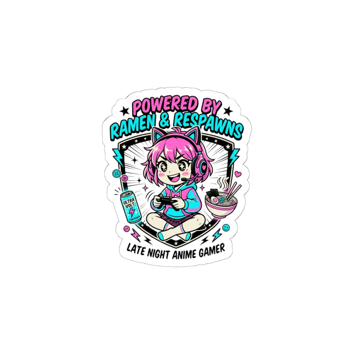 Powered by Ramen & Respawns Sticker | Anime Aesthetic, Chibi Gamer