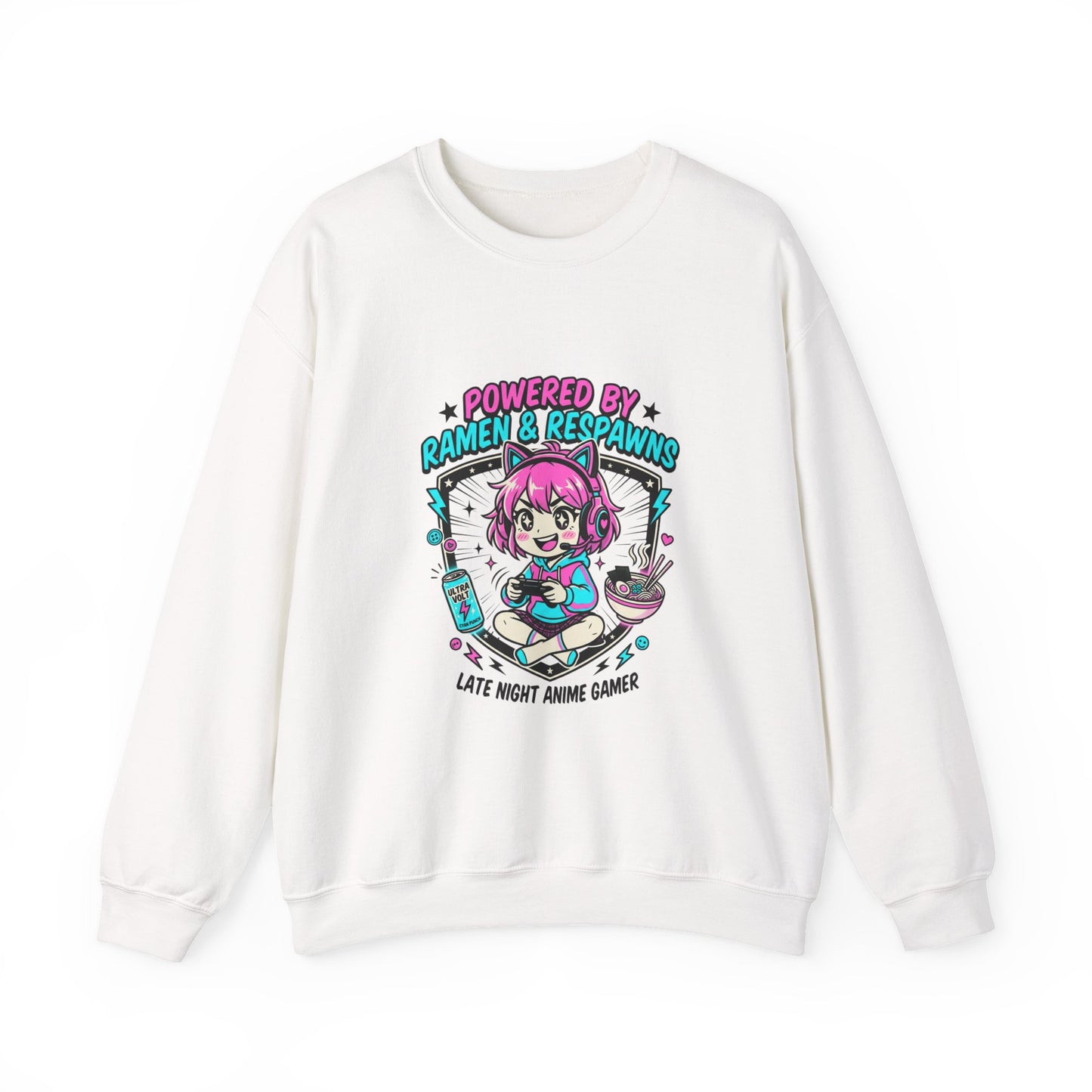 Powered by Ramen & Respawns Sweatshirt | anime aesthetic, chibi kawaii