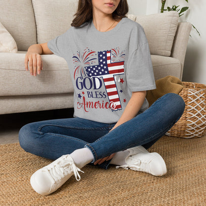 God Bless America T-Shirt — Patriotic Flag Cross with Fireworks