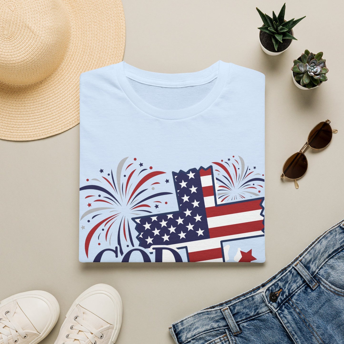 God Bless America T-Shirt — Patriotic Flag Cross with Fireworks