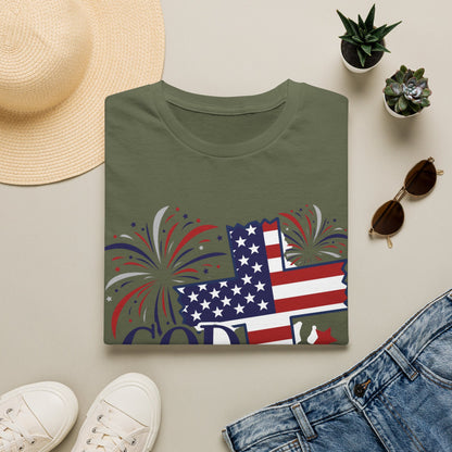 God Bless America T-Shirt — Patriotic Flag Cross with Fireworks