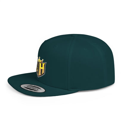 Snapback Hat — Gold Crown Shield Logo Flat Bill Cap