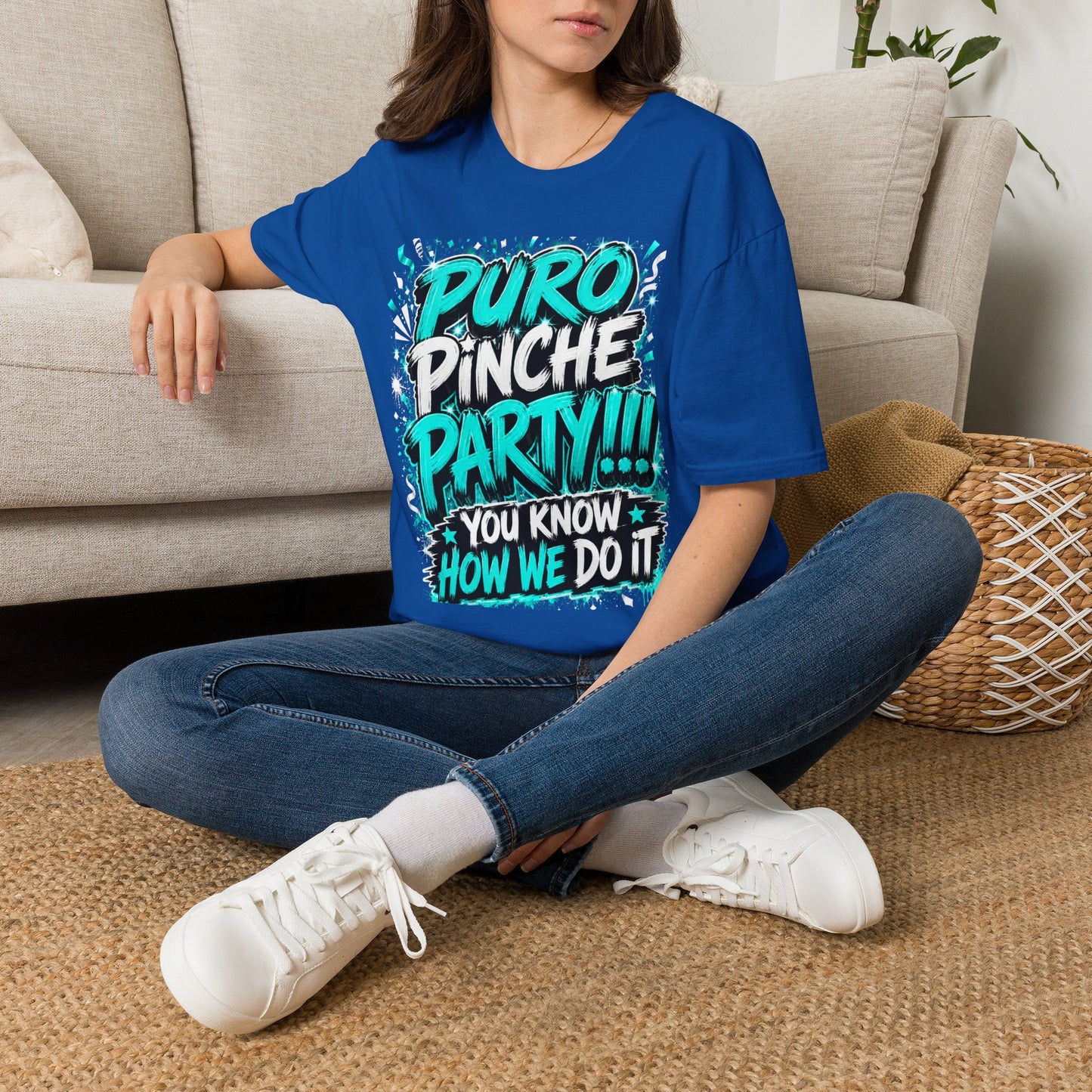 Puro Pinche Party T-Shirt — Bold Teal Party Graphic Tee
