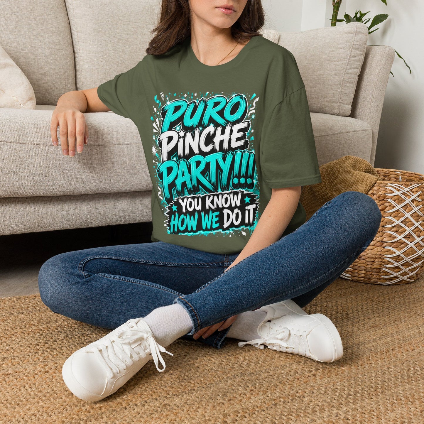 Puro Pinche Party T-Shirt — Bold Teal Party Graphic Tee