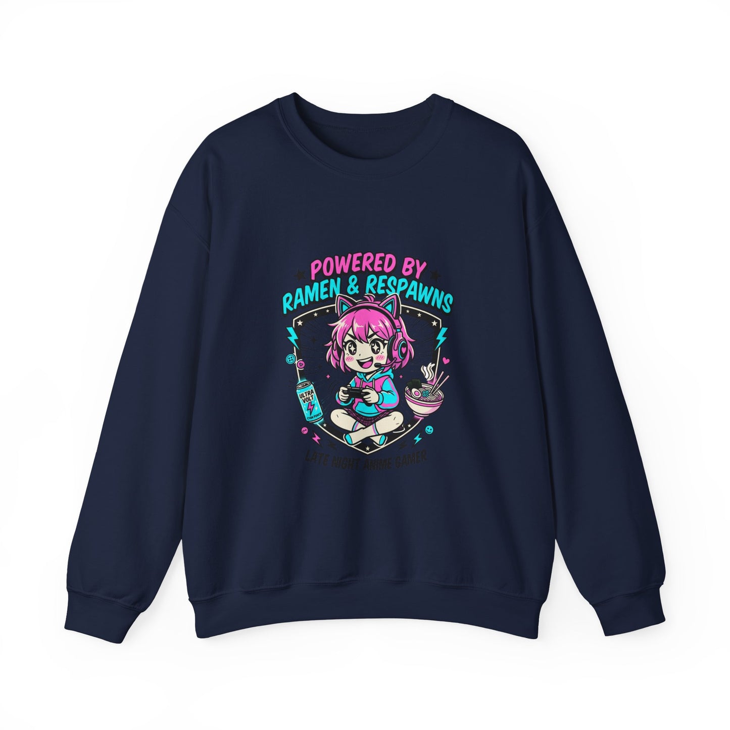Powered by Ramen & Respawns Sweatshirt | anime aesthetic, chibi kawaii