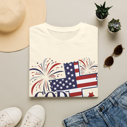 God Bless America T-Shirt — Patriotic Flag Cross with Fireworks