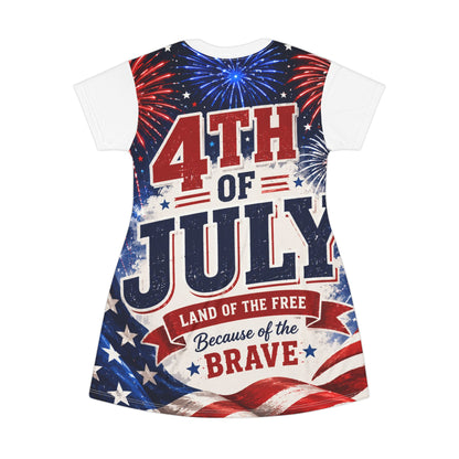 4th of July T-Shirt Dress — 'Land of the Free Because of the Brave' Patriotic Women’s Dress