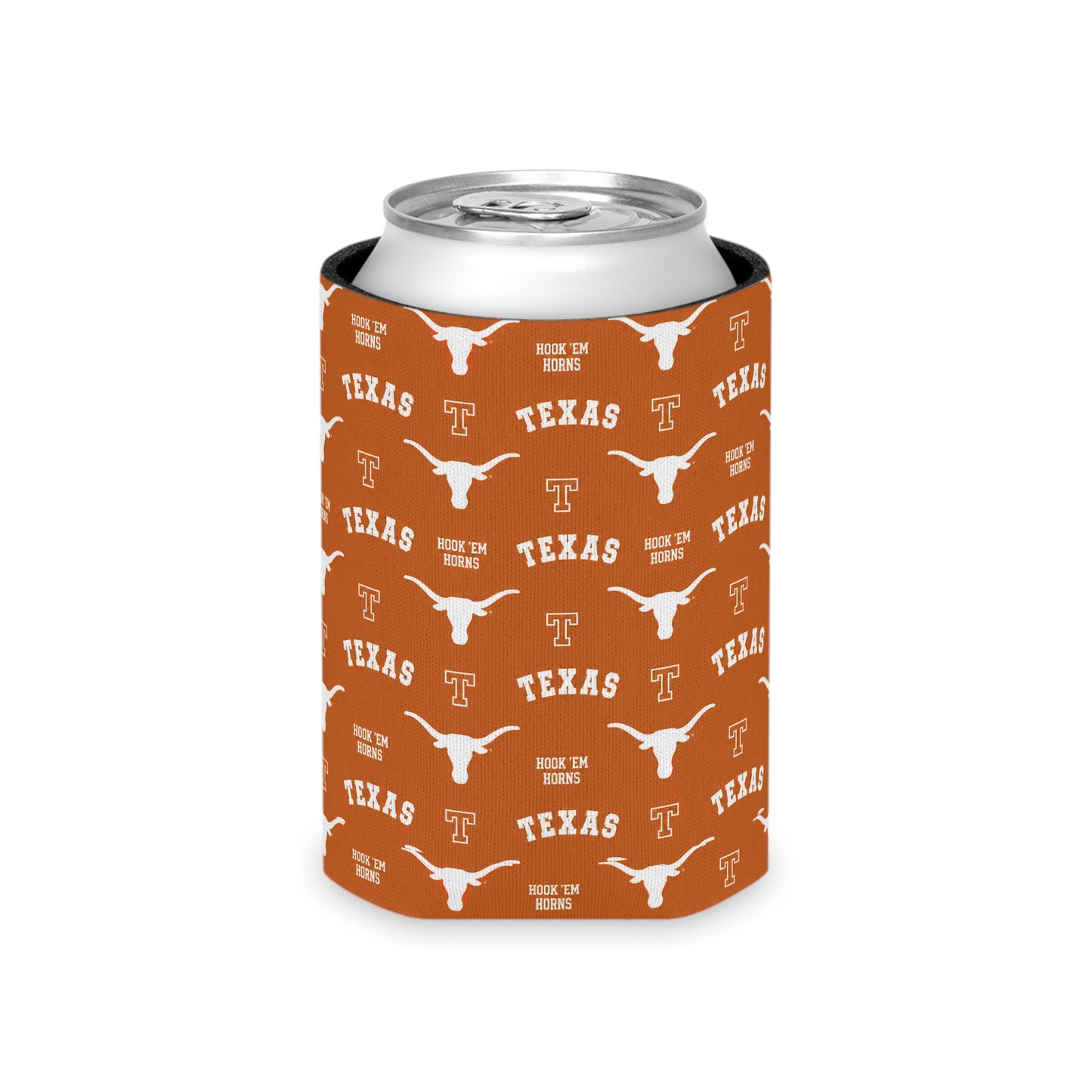 Texas Longhorns Pattern Can Cooler – Burnt Orange 'TEXAS' Logo Koozie