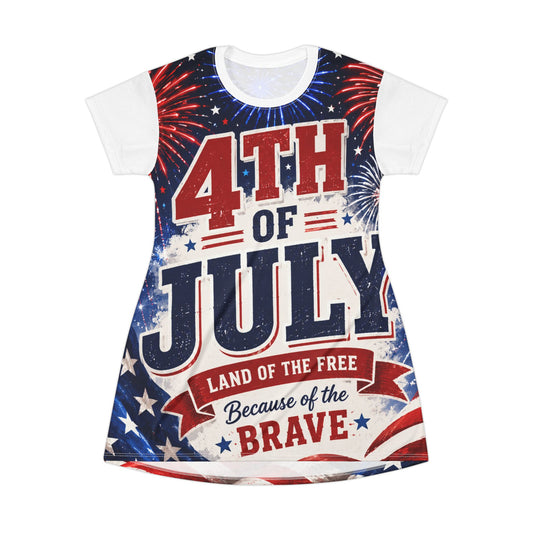 4th of July T-Shirt Dress — 'Land of the Free Because of the Brave' Patriotic Women’s Dress